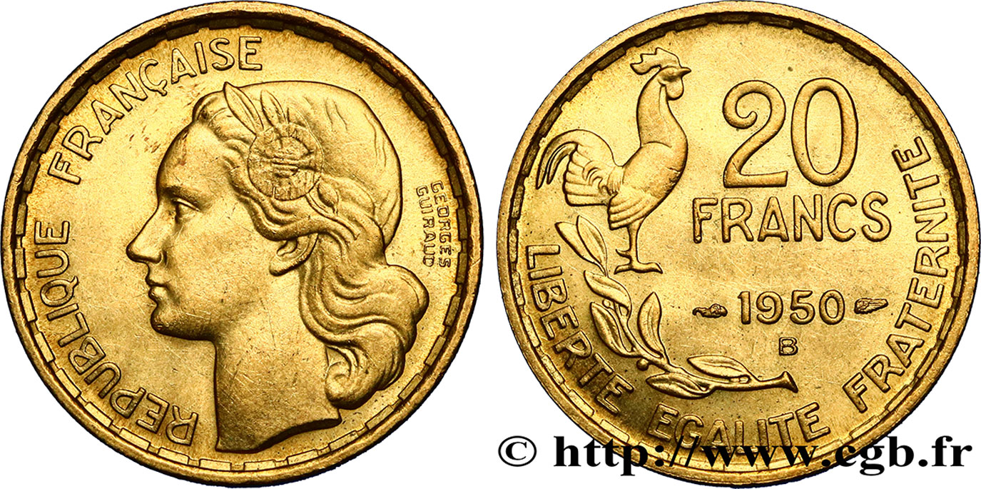 20 francs Georges Guiraud, 3 faucilles 1950 Beaumont-Le-Roger F.401/2 MS62 