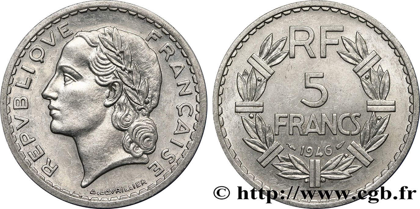 5 francs Lavrillier, aluminium 1946 Beaumont-Le-Roger F.339/7 TTB54 