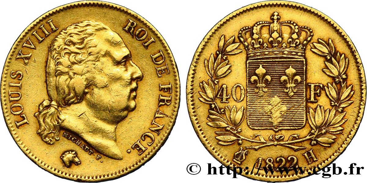 40 francs or Louis XVIII 1822 La Rochelle F.542/12 BB40 