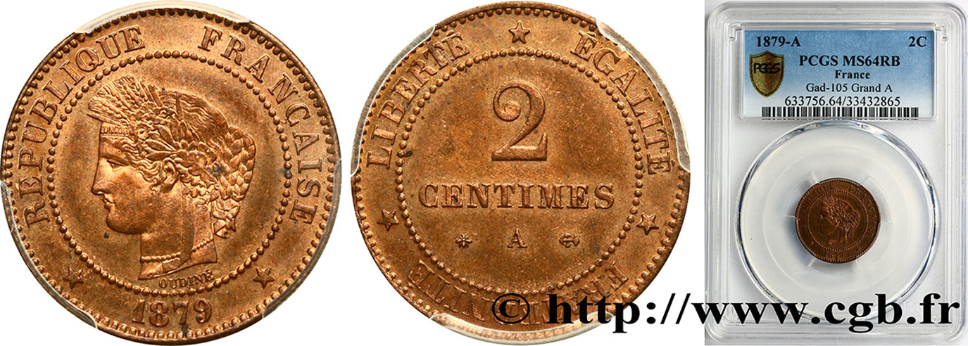 2 centimes Cérès 1879 Paris F.109/6 SPL64 PCGS