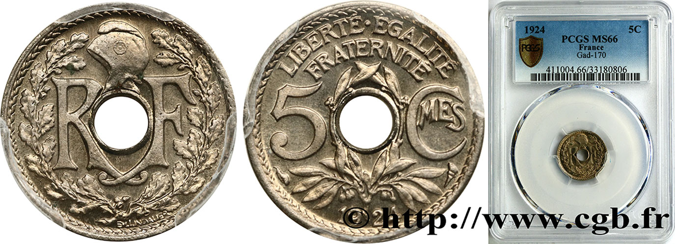 5 centimes Lindauer, petit module 1924 Paris F.122/8 MS66 PCGS