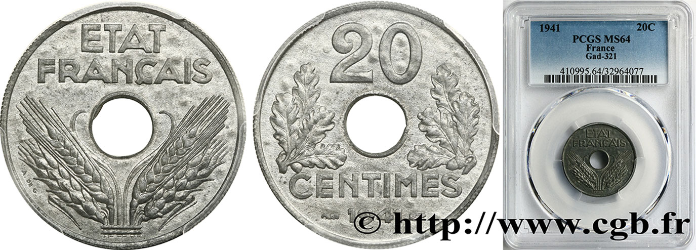20 centimes État français, lourde 1941  F.153/2 fST64 PCGS