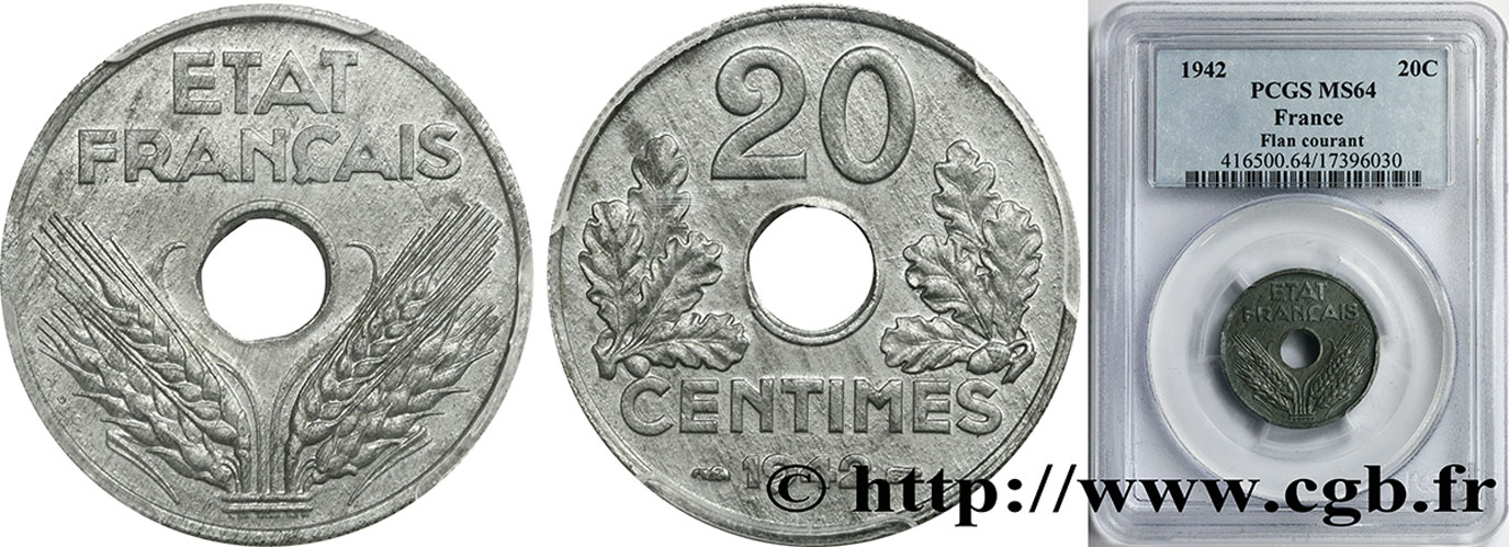 20 centimes État français, lourde 1942  F.153/4 SPL64 PCGS