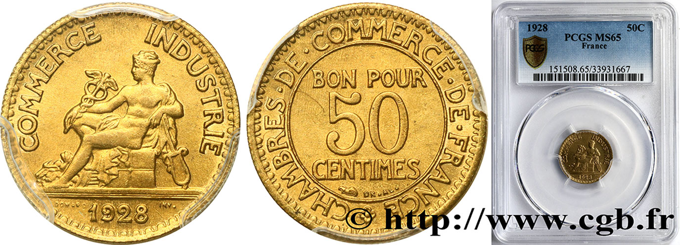 50 centimes Chambres de Commerce 1928 Paris F.191/10 ST65 PCGS