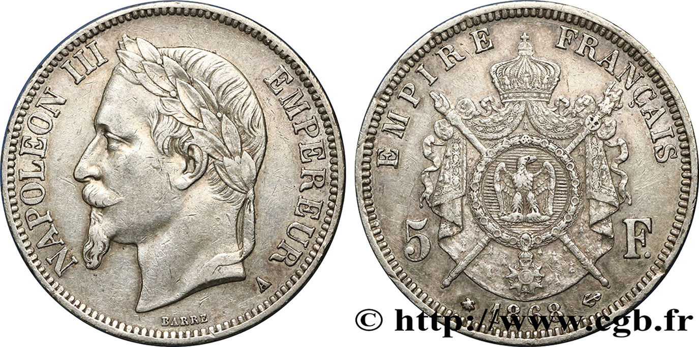 5 francs Napoléon III, tête laurée 1868 Paris F.331/12 BB40 