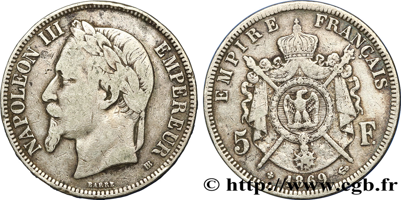 5 francs Napoléon III, tête laurée 1869 Strasbourg F.331/15 MB 