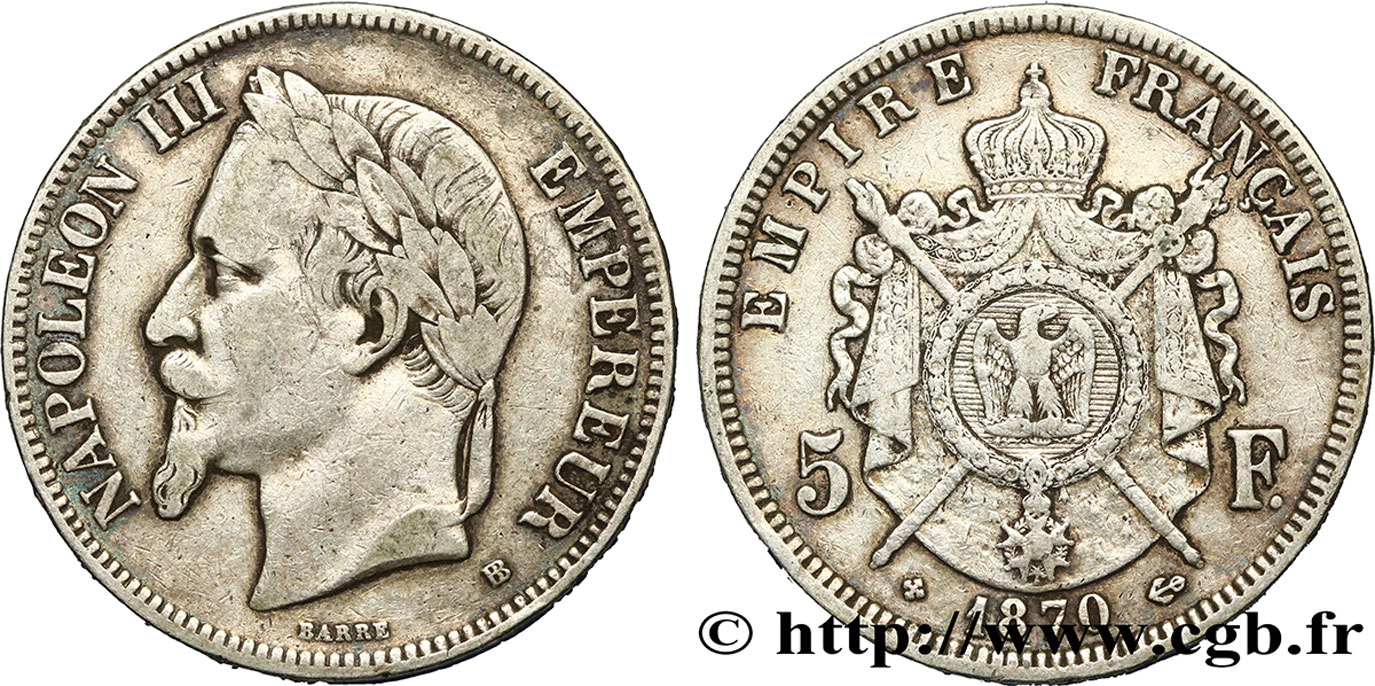 5 francs Napoléon III, tête laurée 1870 Strasbourg F.331/17 TB30 