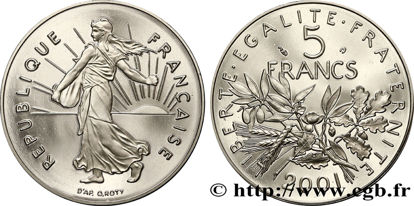 Belle Épreuve argent 5 francs Semeuse 2001 Paris F5.1206 2 FDC 