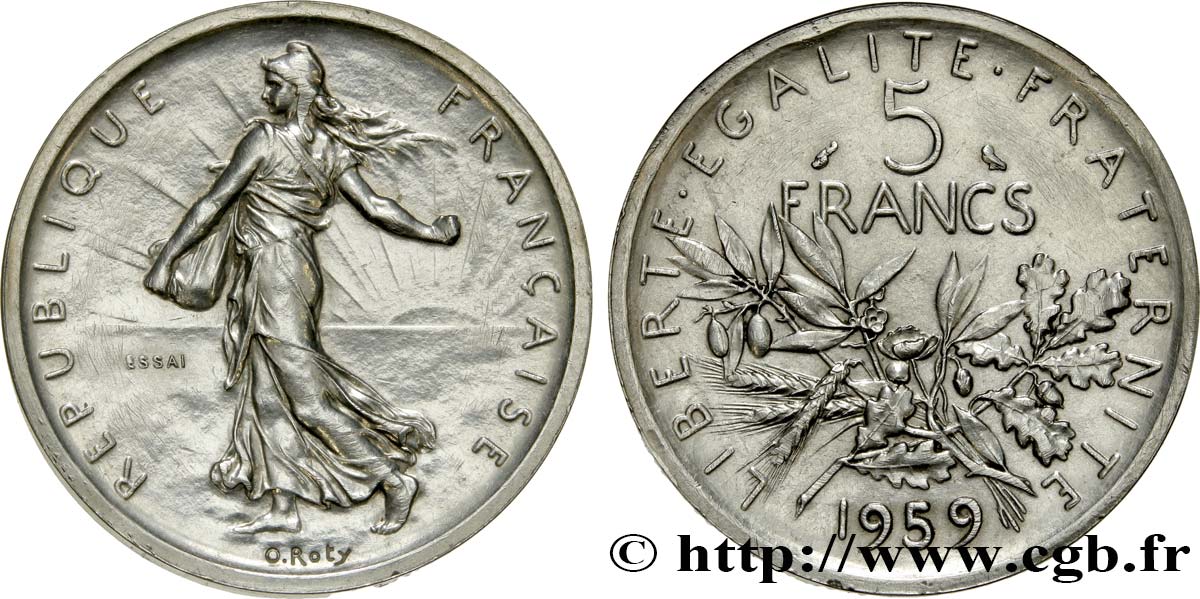 Essai-piéfort de 5 francs Semeuse, argent, grand 5 1959 Paris GEM.153 EP MS60 
