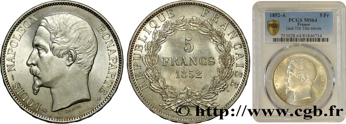 5 francs Louis-Napoléon, 1er type 1852 Paris F.329/1 SC64 PCGS