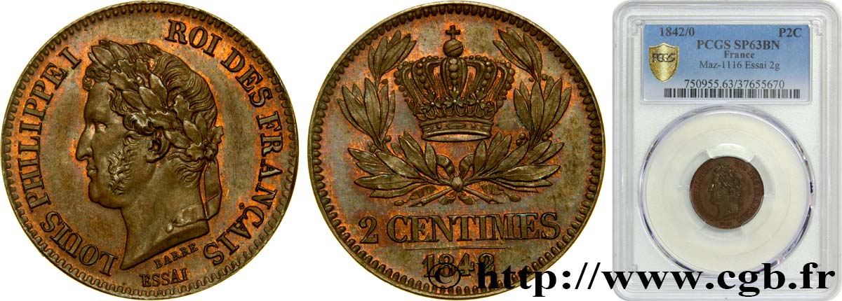 Essai de 2 centimes 1842 Paris VG.2935  fST63 PCGS