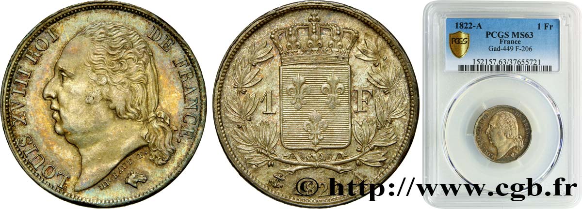 1 franc Louis XVIII 1822 Paris F.206/40 fST63 PCGS
