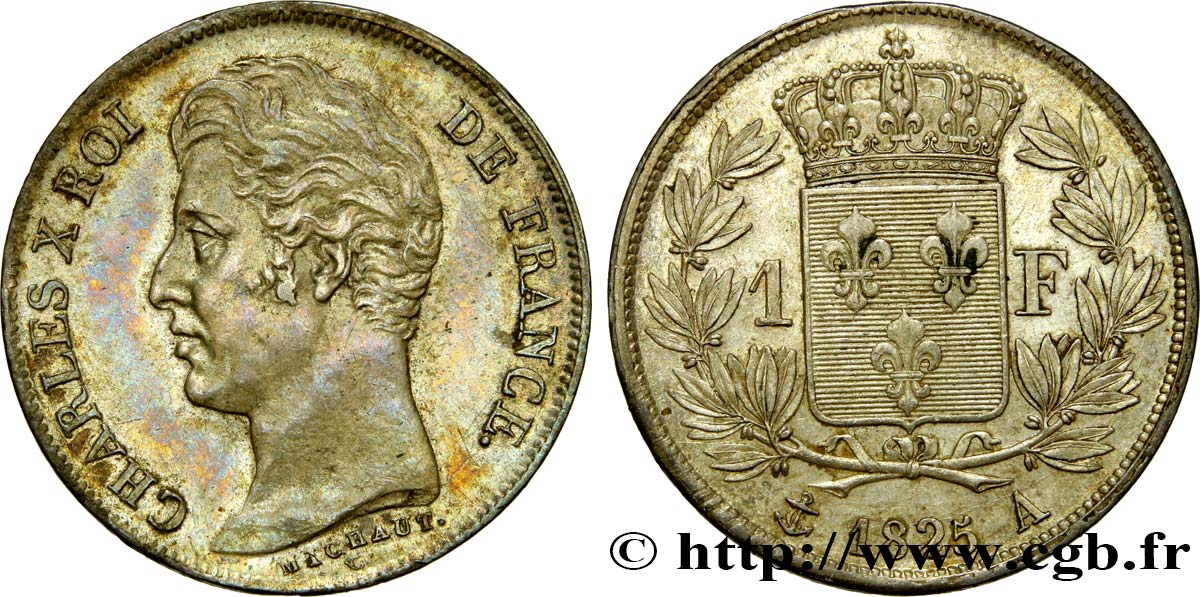 1 franc Charles X, matrice du revers à cinq feuilles 1825 Paris F.207/1 VZ55 