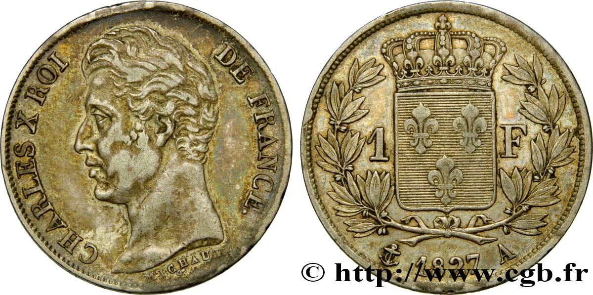 1 franc Charles X, matrice du revers à quatre feuilles 1827 Paris F.207A/1 TTB40 