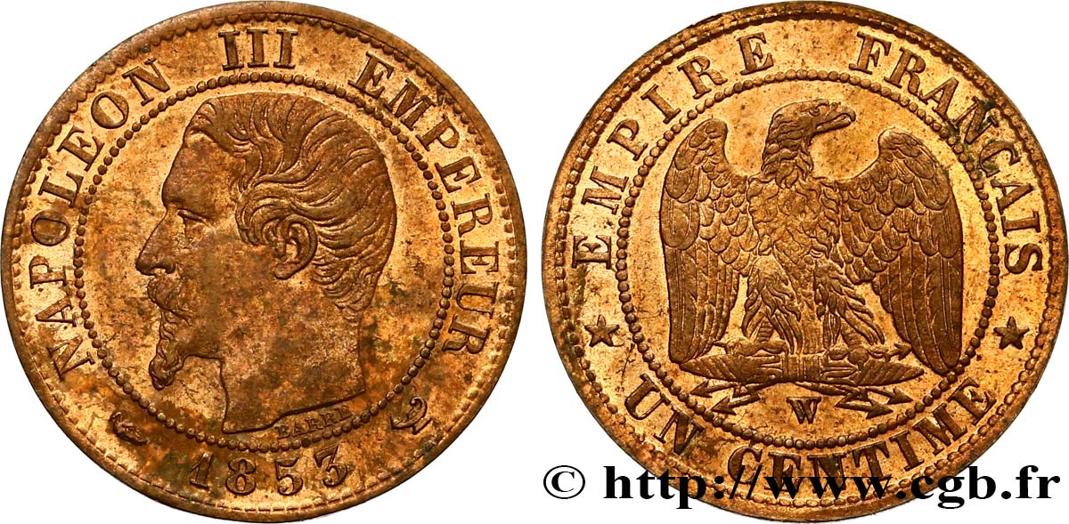 Un centime Napoléon III, tête nue 1853 Lille F.102/8 MS62 
