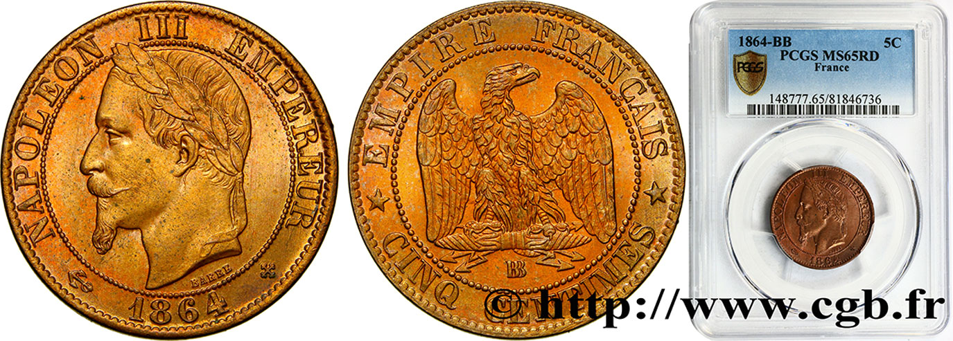 Cinq centimes Napoléon III, tête laurée 1864 Strasbourg F.117/14 MS65 PCGS