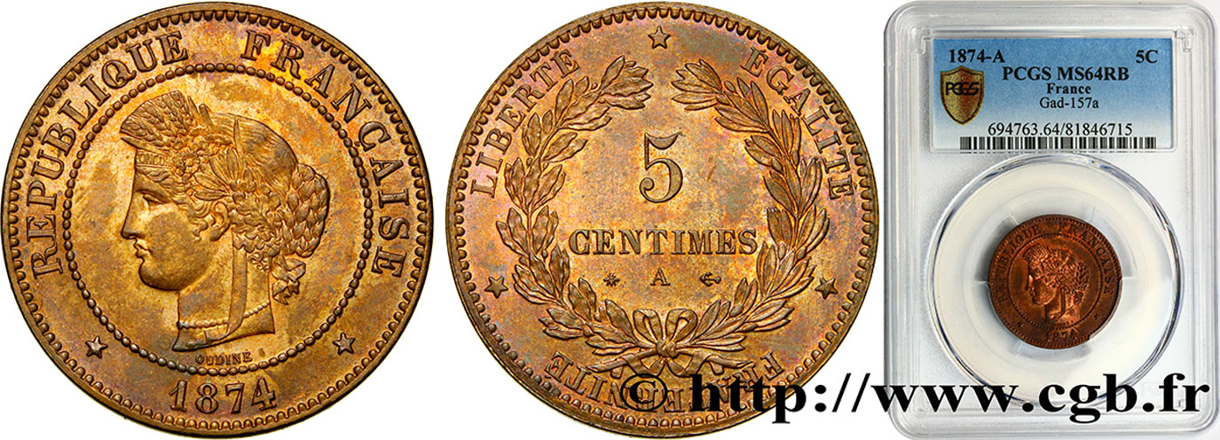 5 centimes Cérès 1874 Paris F.118/9 fST64 PCGS
