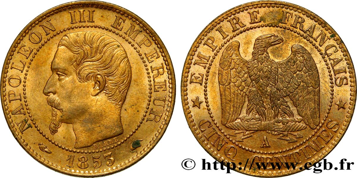 Cinq centimes Napoléon III, tête nue 1853 Paris F.116/1 MS65 