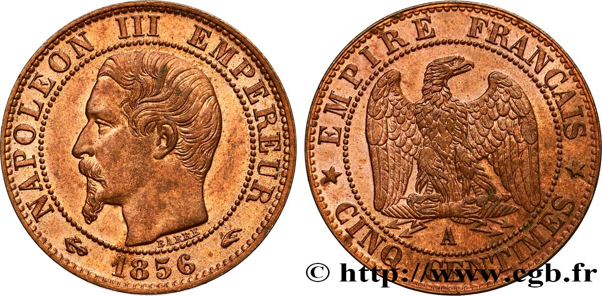 Cinq centimes Napoléon III, tête nue 1856 Paris F.116/30 VZ62 