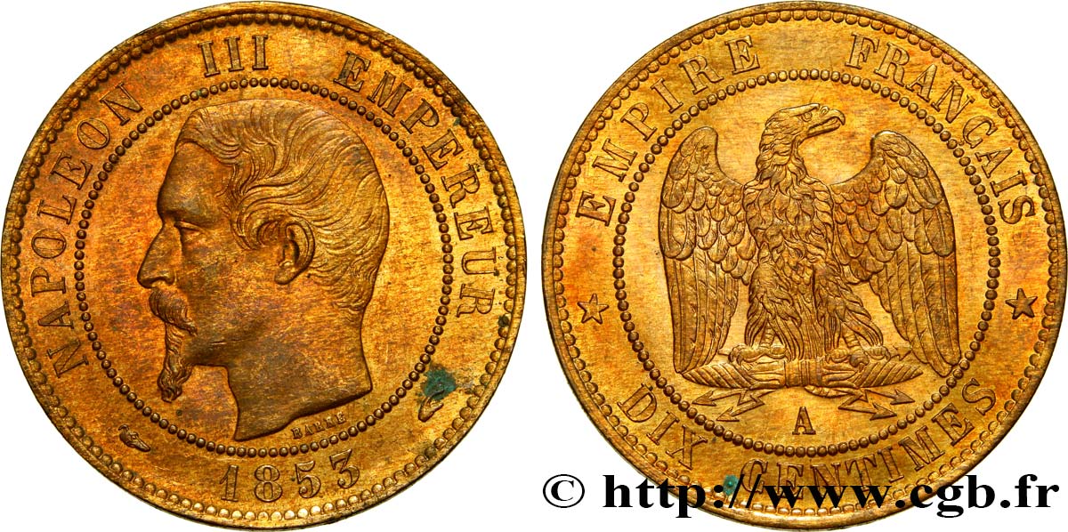 Dix centimes Napoléon III, tête nue 1853 Paris F.133/2 SC63 