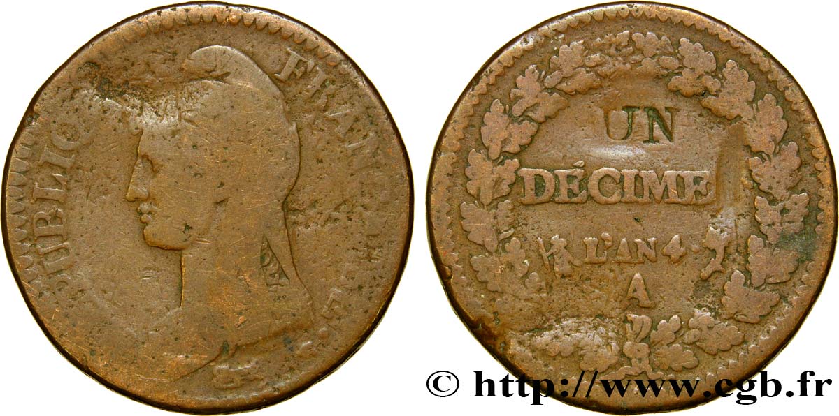 Un décime Dupré, modification du 2 décimes 1796 Paris F.127/1 TB15 