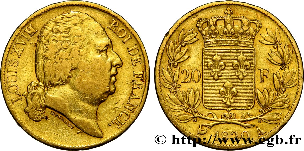 20 francs Louis XVIII, tête nue 1820 Paris F.519/20 S35 