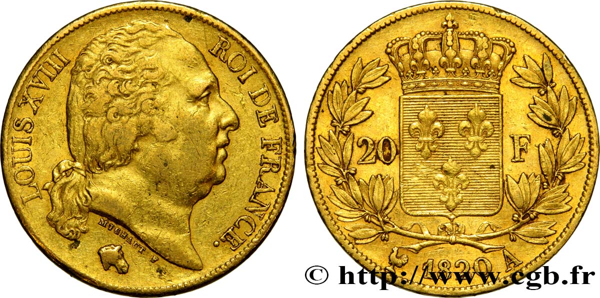 20 francs or Louis XVIII, tête nue 1820 Paris F.519/19 XF45 