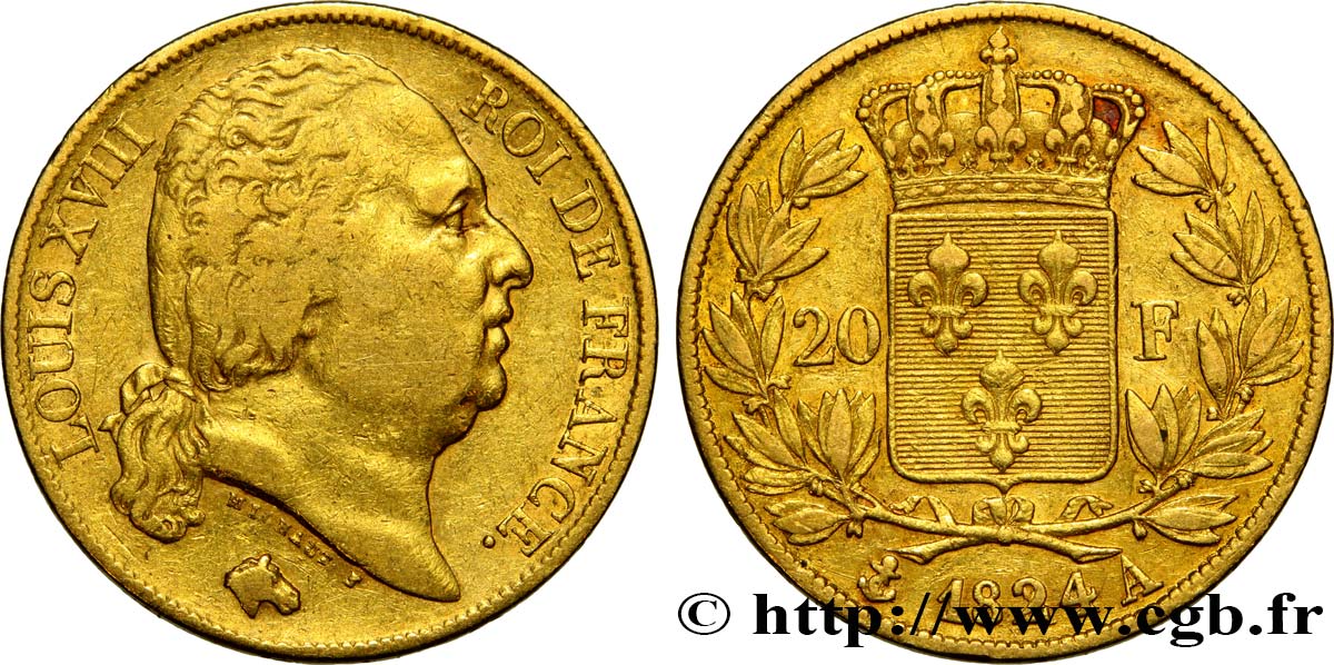 20 francs or Louis XVIII, tête nue 1824 Paris F.519/31 TB30 