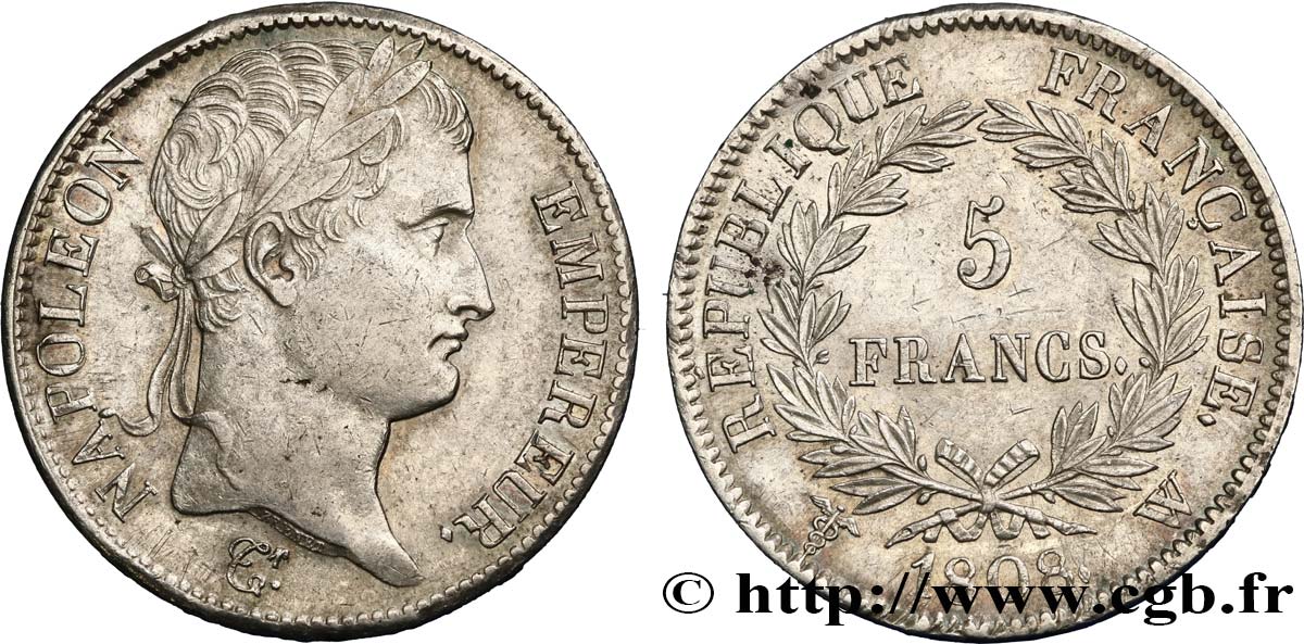 5 francs Napoléon Empereur, République française 1808 Lille F.306/15 SS54 