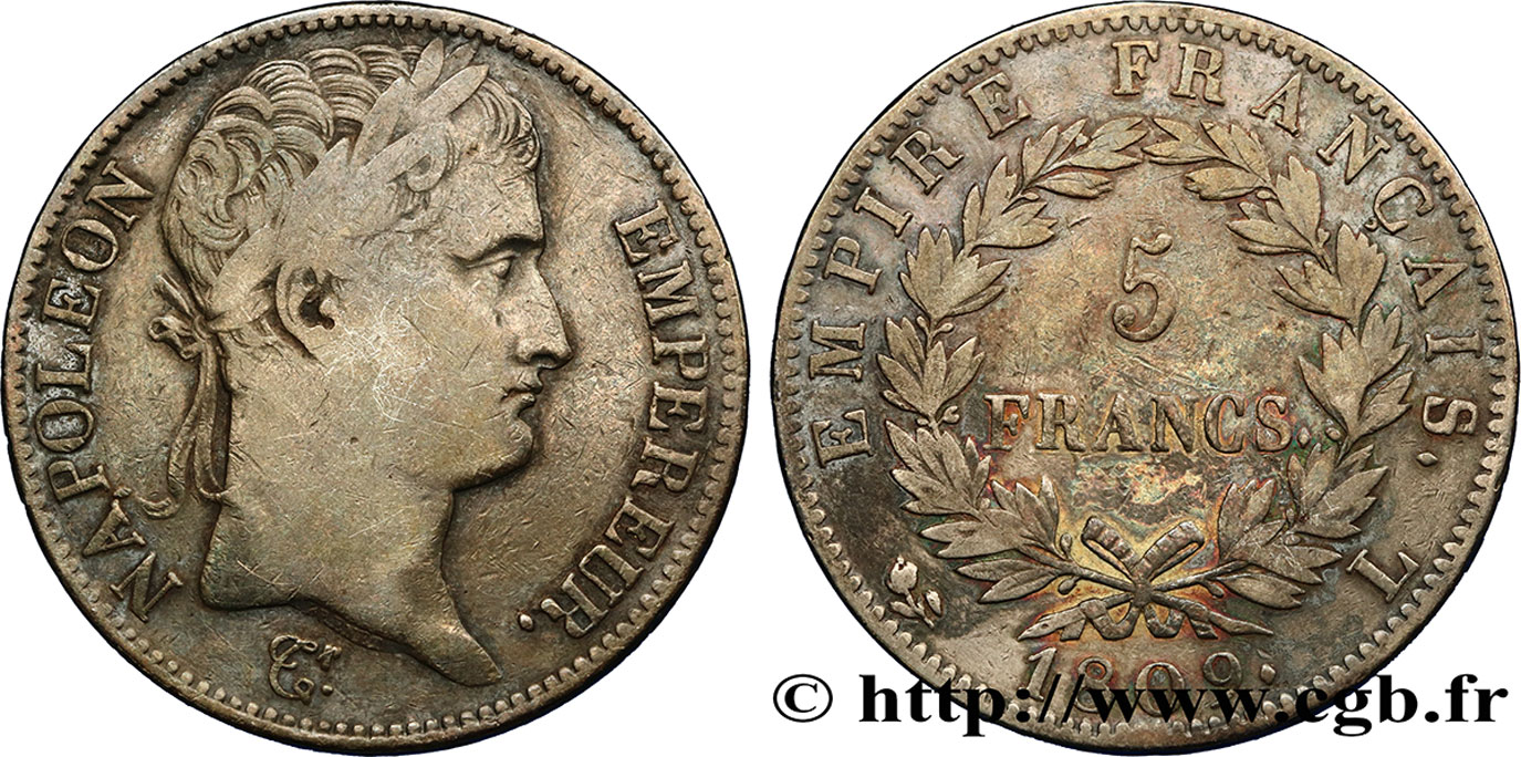 5 francs Napoléon Empereur, Empire français 1809 Bayonne F.307/8 TB30 