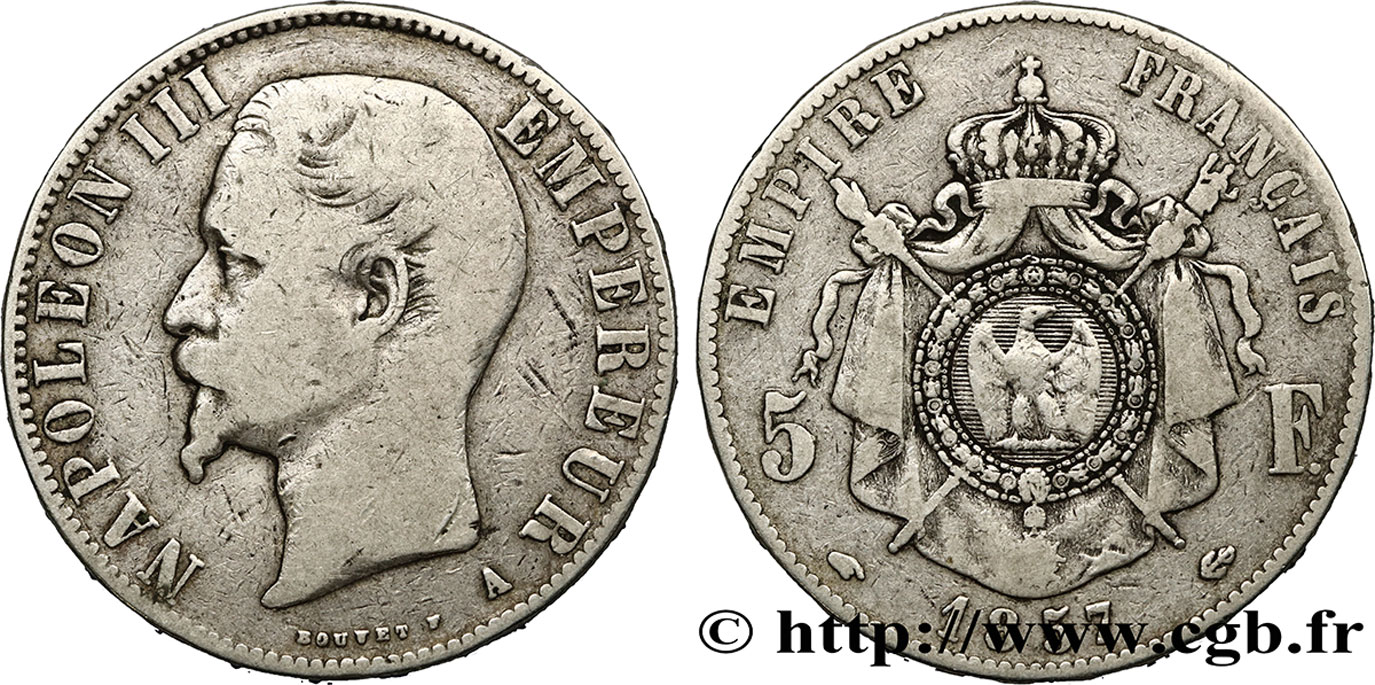 5 francs Napoléon III, tête nue 1857 Paris F.330/10 VF20 