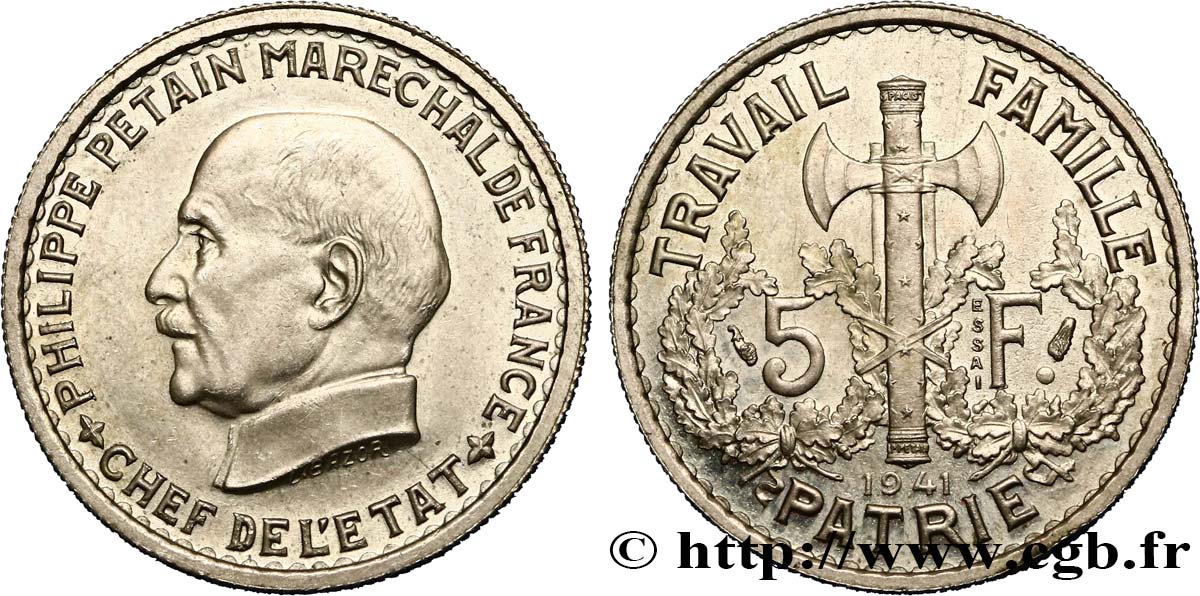 Essai de 5 francs Pétain en bronze-nickel, 1er projet de Bazor 1941 Paris GEM. 142 17 EBC62 