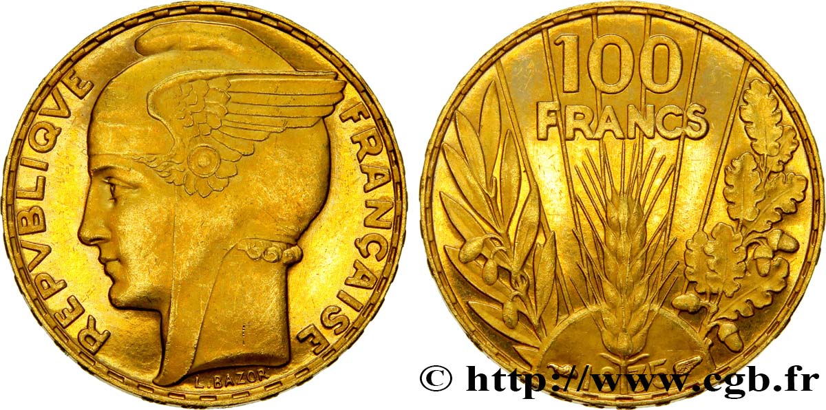 100 francs or, Bazor, Flan Bruni 1935 Paris F.554/6 var. MS63 