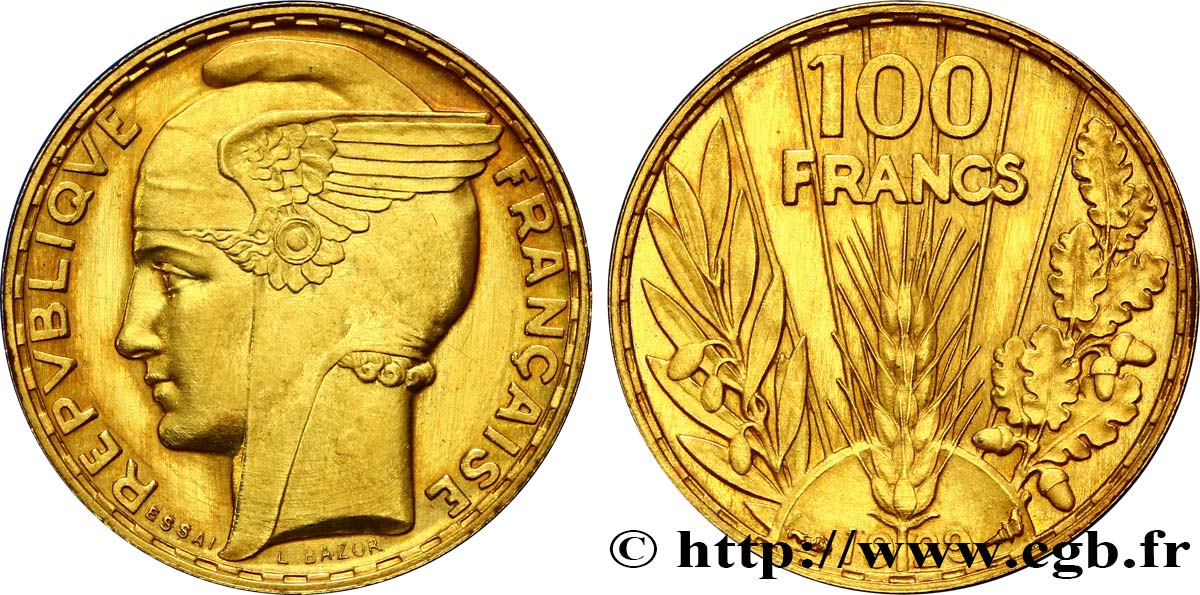 Essai Piéfort 100 francs or, Bazor 1929 Paris GEM.290 EP MS64 