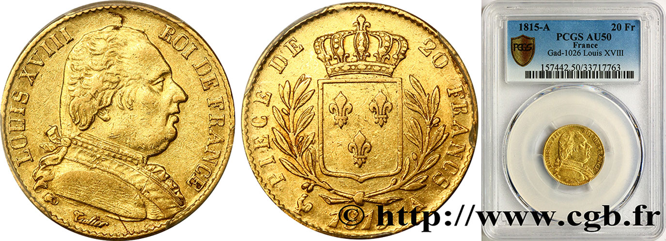 20 francs or Louis XVIII, buste habillé 1815 Paris F.517/10 SS50 PCGS