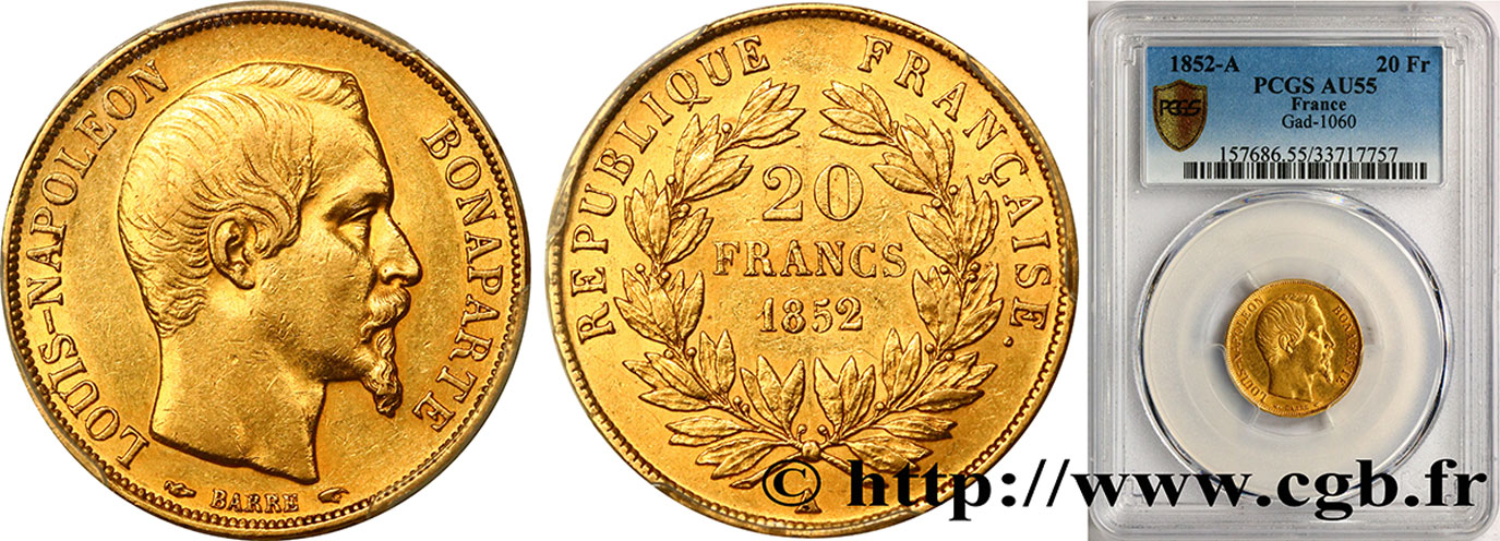 20 francs or Louis-Napoléon 1852 Paris F.530/1 EBC55 PCGS