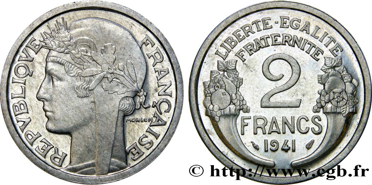 2 francs Morlon aluminium, frappe courante, poids lourd, 2,50 grammes 1941 Paris F.269/2 var. FDC65 