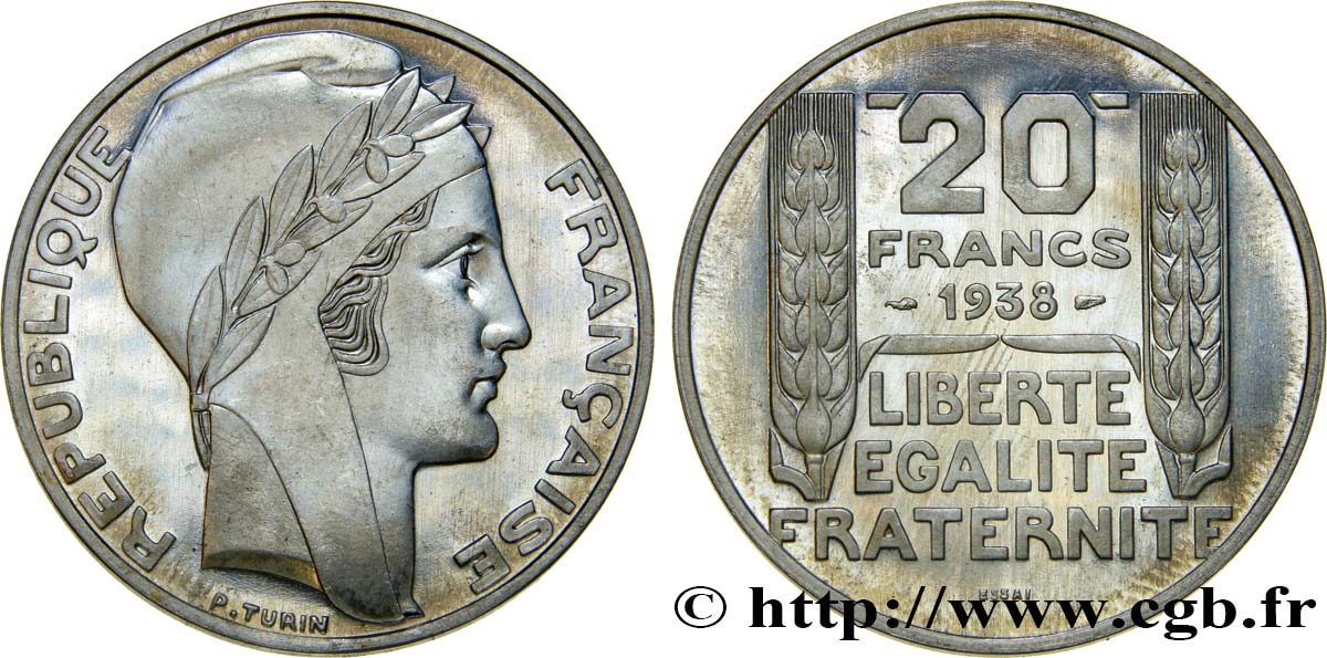 Préparation de la 20 francs Pétain, type Turin, essai, tranche lisse en aluminium, 3,6 g 1938 Paris GEM.200 7 MS66 