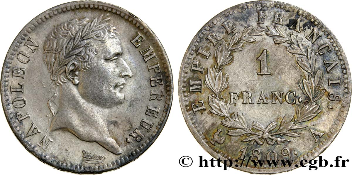 1 franc Napoléon Ier tête laurée, Empire français 1809 Paris F.205/1 MBC50 