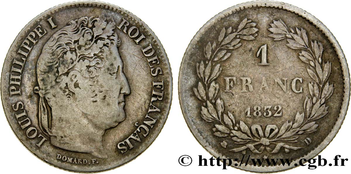 1 franc Louis-Philippe, couronne de chêne 1832 Lyon F.210/4 VF25 
