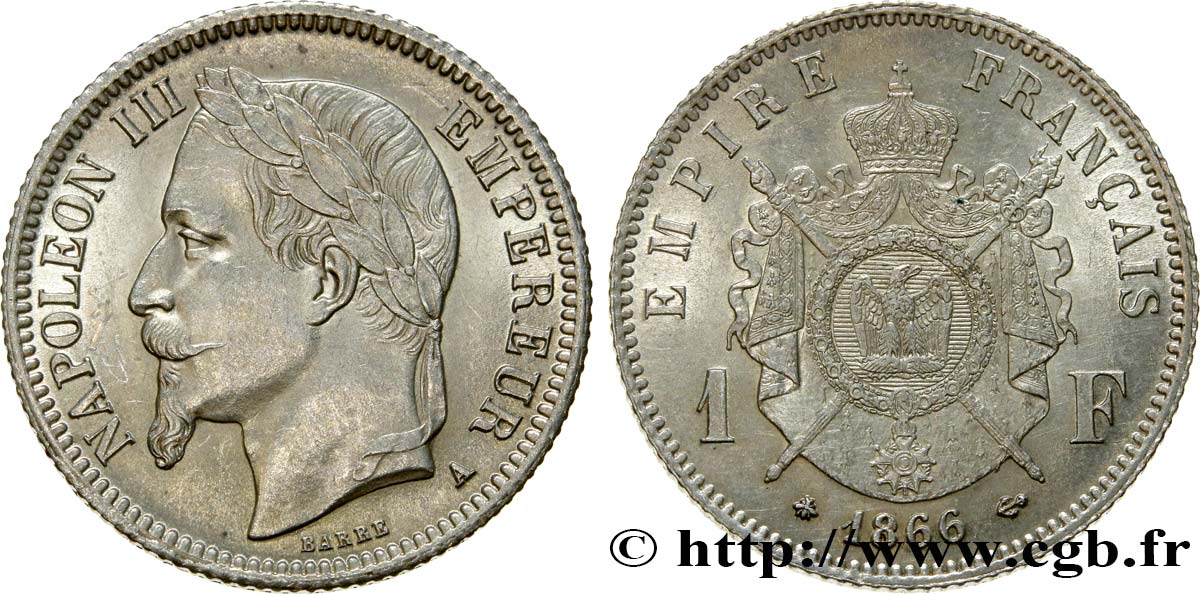 1 franc Napoléon III, tête laurée 1866 Paris F.215/3 SUP60 