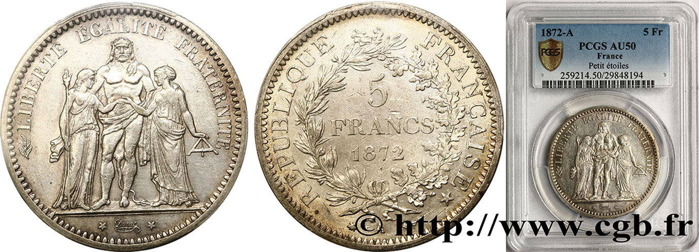 5 francs Hercule 1872 Paris F.334/7 SS50 PCGS