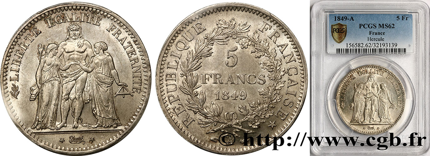 5 francs Hercule, IIe République 1849 Paris F.326/5 VZ62 PCGS