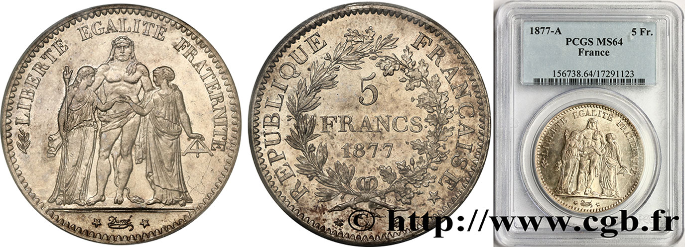 5 francs Hercule 1877 Paris F.334/19 MS64 PCGS