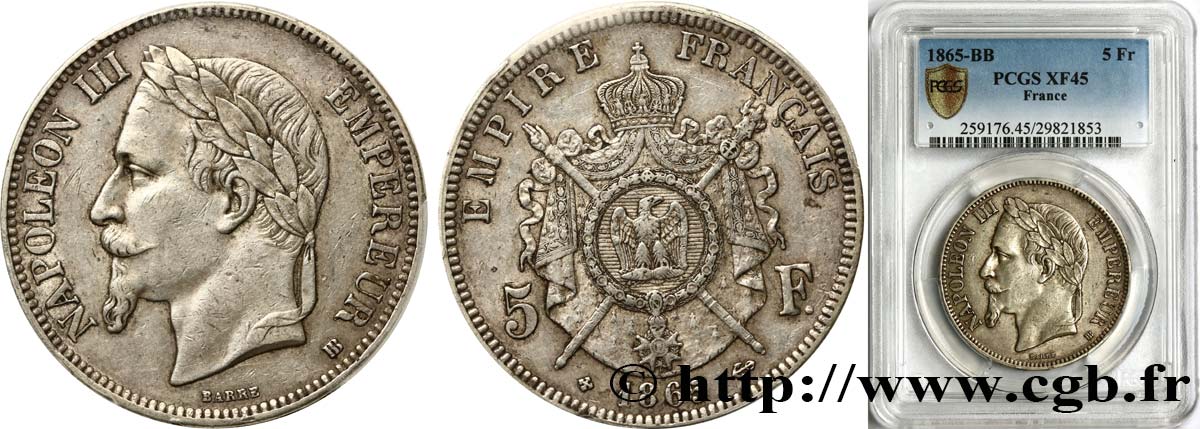5 francs Napoléon III, tête laurée 1865 Strasbourg F.331/8 XF45 PCGS
