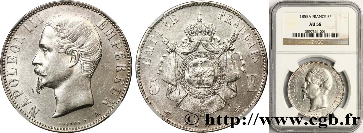 5 francs Napoléon III, tête nue 1855 Paris F.330/3 AU58 NGC
