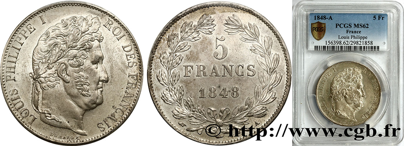 5 francs IIIe type Domard 1848 Paris F.325/17 EBC62 PCGS