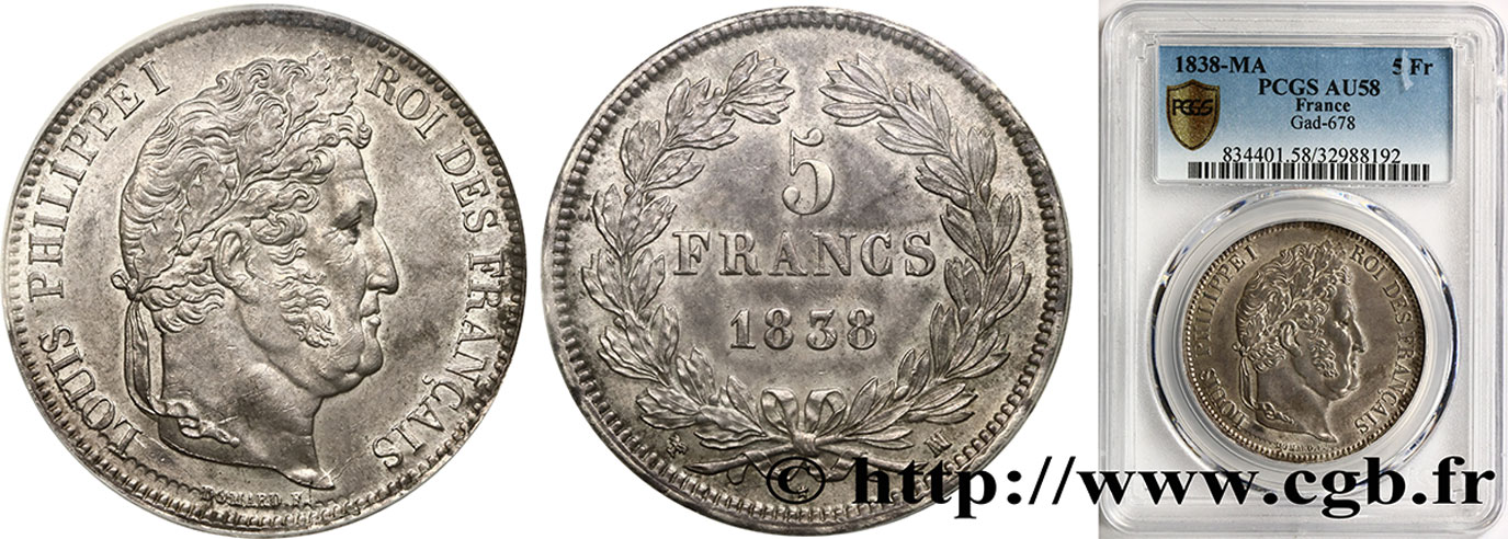 5 francs IIe type Domard 1838 Marseille F.324/73 SUP58 PCGS