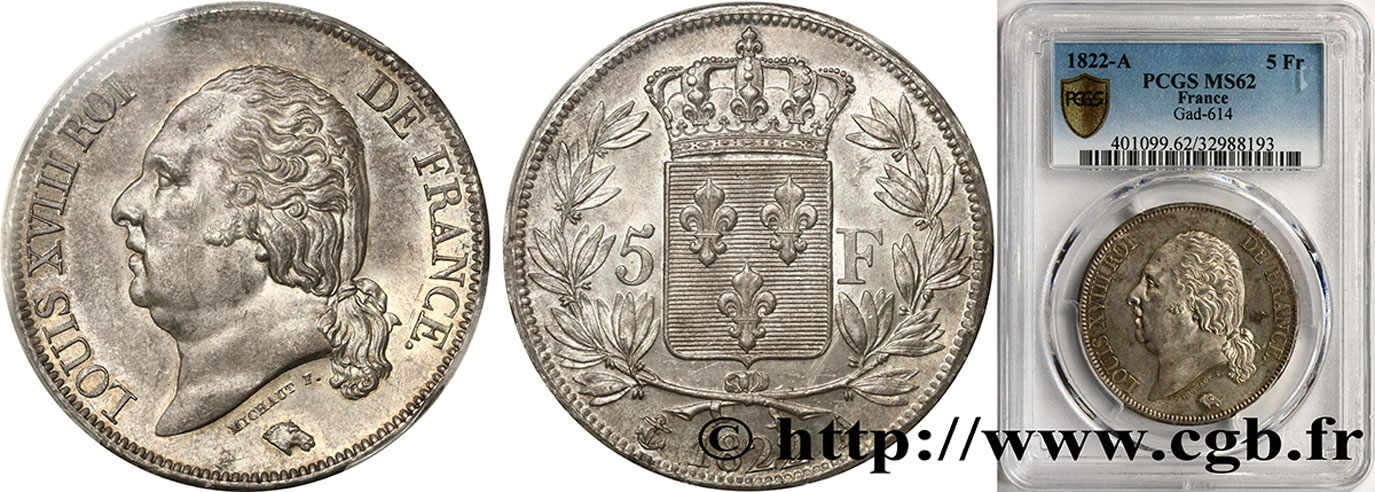 5 francs Louis XVIII, tête nue 1822 Paris F.309/68 MS62 PCGS
