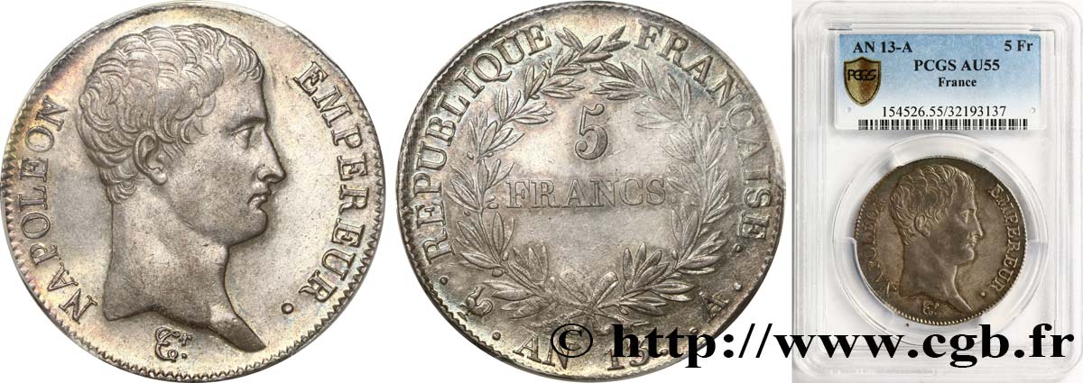 5 francs Napoléon Empereur, Calendrier révolutionnaire 1805 Paris F.303/2 VZ55 PCGS
